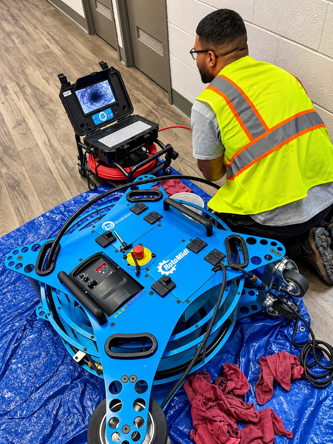 Commercial drain cleaning with flex-shaft equipment at a Central Indiana foam manufacturing facility