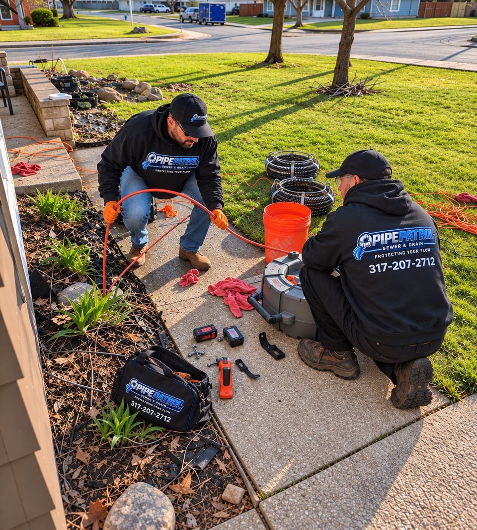 Pipe Patrol technicians preparing professional drain cleaning equipment outside a home